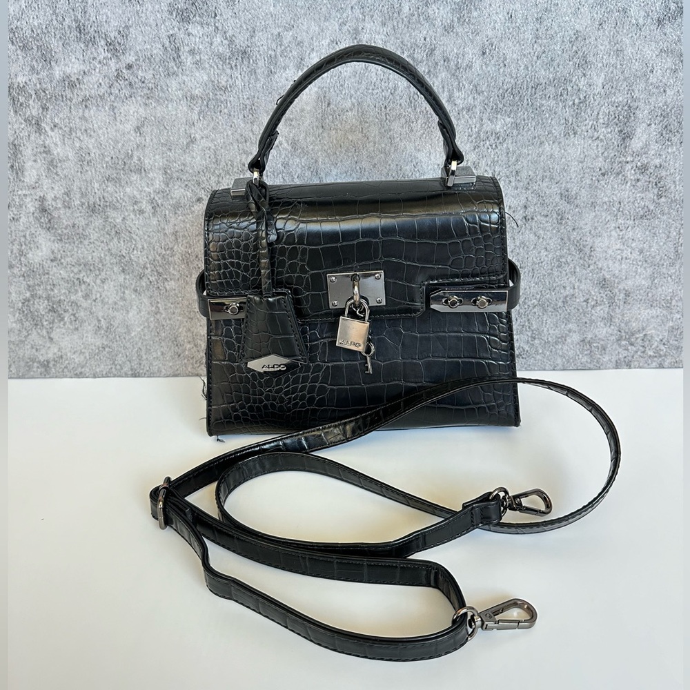 ALDO Black Croc Embossed Structured Satchel with Lock Detail